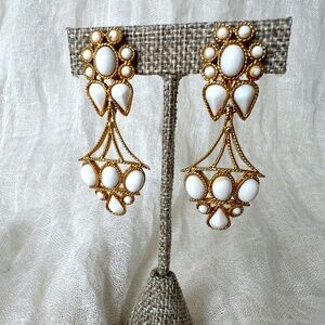 SOLD! Vintage Polcini Chandelier Earrings Gold Tone White Glass Cabochons 1960s